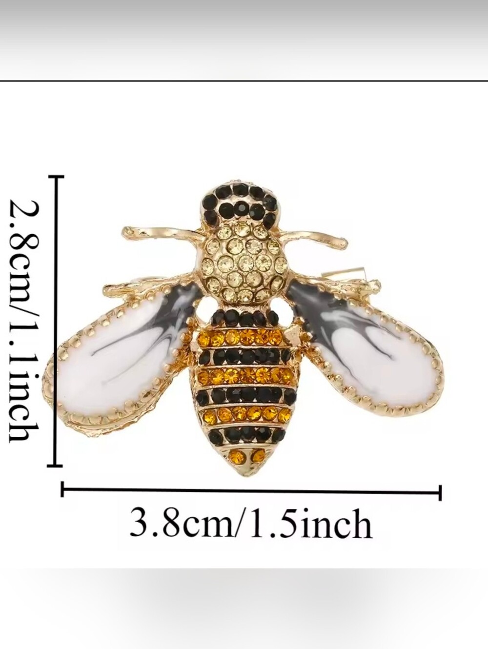Gold Bee Brooch with White Enamel Wings and Amber Crystals - Picture 3 of 7
